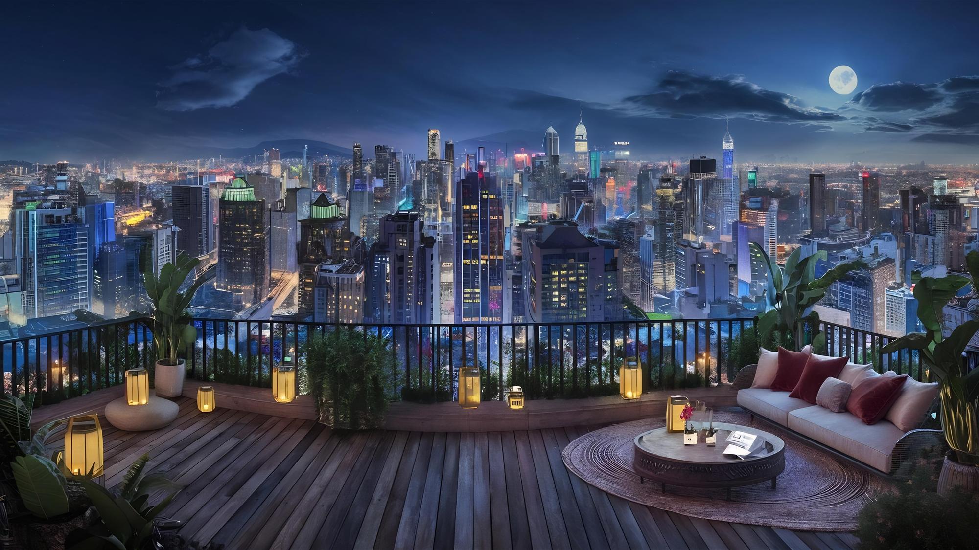 terasă panoramică cu vedere nocturnă urbană